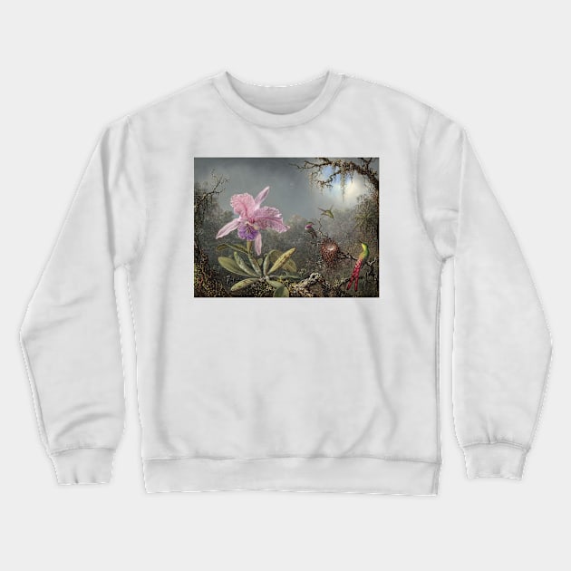 Cattleya Orchid and Three Hummingbirds by Martin Johnson Heade Crewneck Sweatshirt by Classic Art Stall